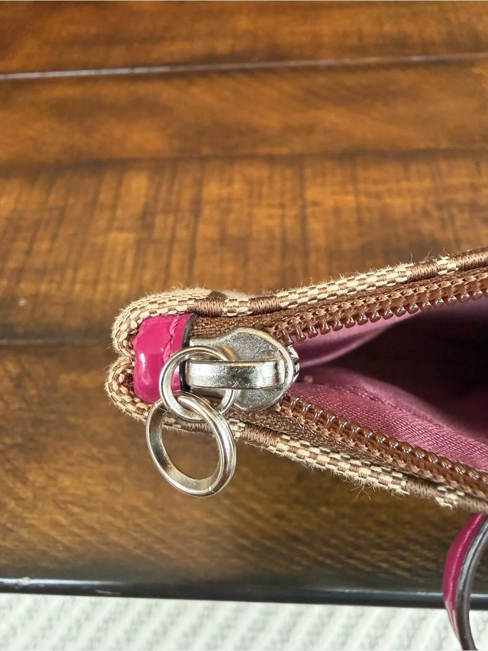Coach Beige Signature Canvas Wristlet with Pink Trim